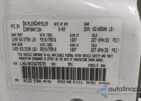 2003 Jeep Liberty Sport из США, поврежденный, VIN 1J4GL48K33W726725